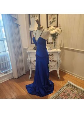 Morgan & Co Peacock Blue Glamour Beaded Halter Dress Gown Size 7/8